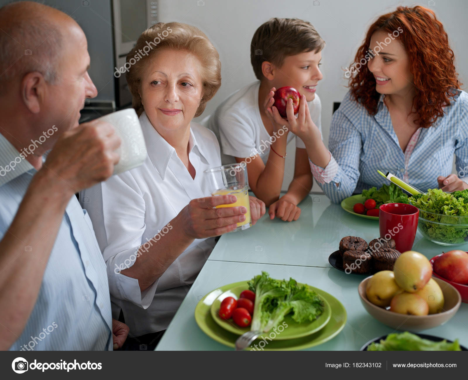Mature Woman Family Dinner Table Home Parents Children