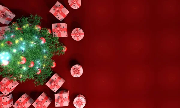 Árbol de Navidad y cajas de regalo vista superior 3d ilustración — Foto de Stock