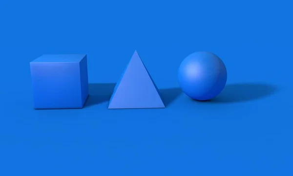 Würfel, Kugel und Pyramide auf bleibendem Blau, 3D-Rendering — Stockfoto
