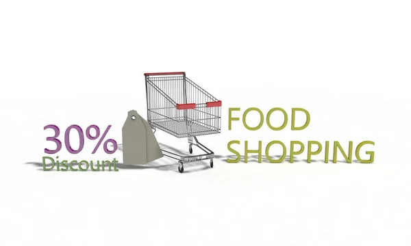Descuento de compras de alimentos% 30 en blanco, 3d render — Foto de Stock