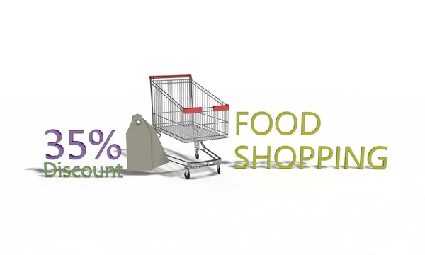 Descuento de compras de alimentos% 35 en blanco, 3d render — Foto de Stock