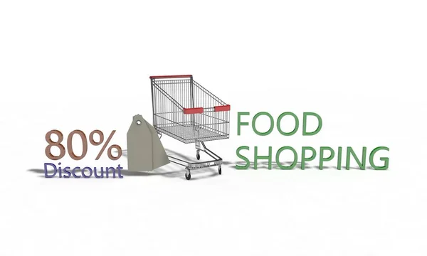 Descuento de compras de alimentos% 80 en blanco, 3d render — Foto de Stock