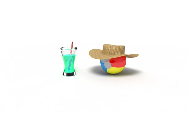 Bola de praia e chapéu de palha, cocktail 3d render — Fotografia de Stock