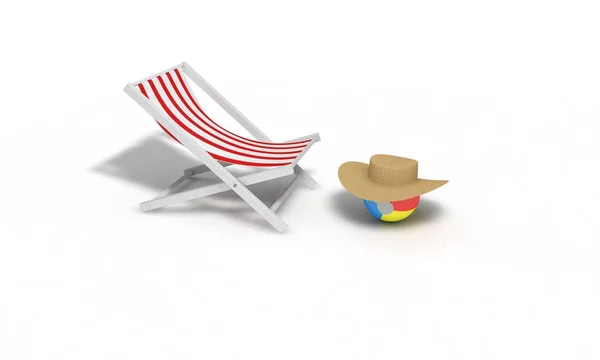 Bola de playa y sombrero de paja, solarium playa 3d render — Foto de Stock
