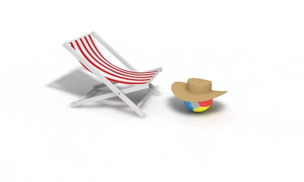Plaj topu ve hasır şapka, şezlong beach 3d render