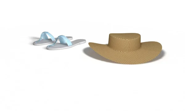 Sandalias y sombrero de paja en blanco, 3d render — Foto de Stock