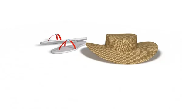 Letnie sandały i słomy kapelusz na białym, 3d render — Zdjęcie stockowe