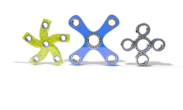 Klassische und vier blaue Hand Fidget Spinner, 3D-Render — Stockfoto