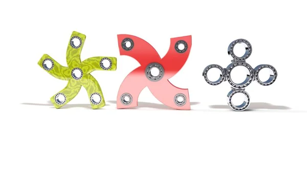 Clásico y cuatro colores rojos fidget spinner, 3d render — Foto de Stock