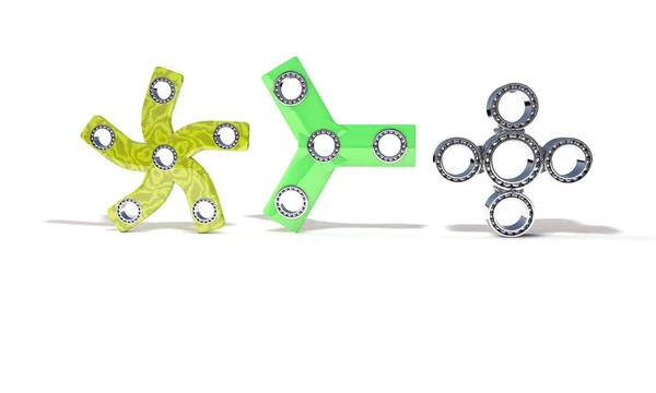 Clásico y cuatro tres manos fidget spinner, 3d render — Foto de Stock