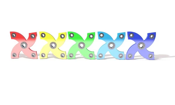 Cztery kolorowe strony fidget spinner, 3d render — Zdjęcie stockowe