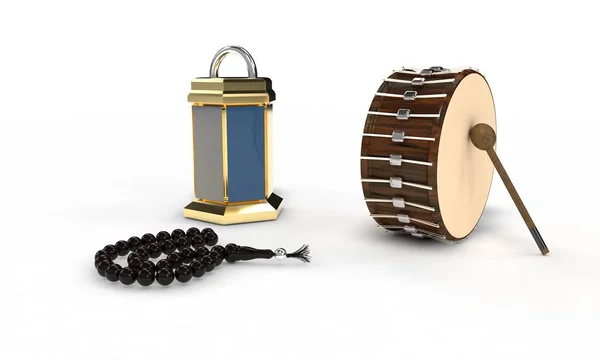 Ramazan drum tasbih a lampa bílá, 3D vykreslení — Stock fotografie