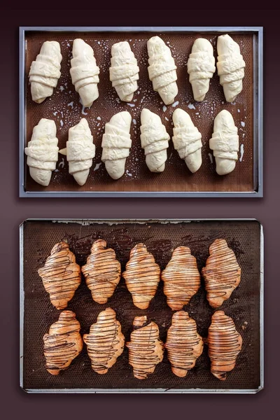 Croissant before and after baking — Stock Photo, Image