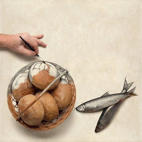 Pintura cinco pequenos pães de cevada e dois pequenos peixes — Fotografia de Stock
