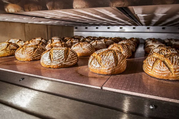 多层电炉中传统黑麦面包生产的工业烘焙 — 图库照片