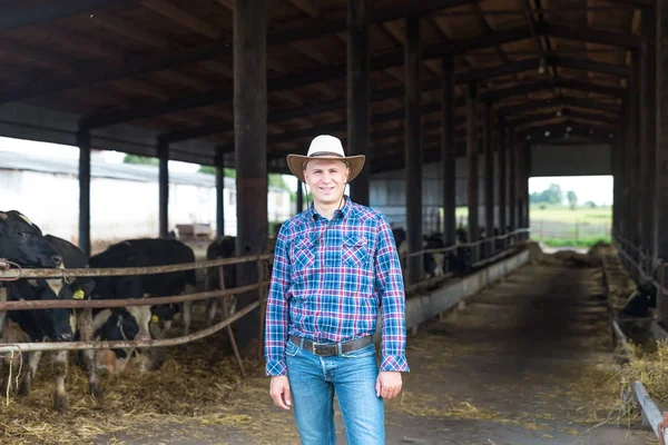 Agricultor que trabalha na fazenda com vacas leiteiras — Fotografia de Stock