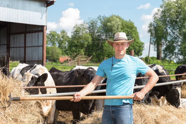 Agricultor que trabalha na fazenda com vacas leiteiras — Fotografia de Stock