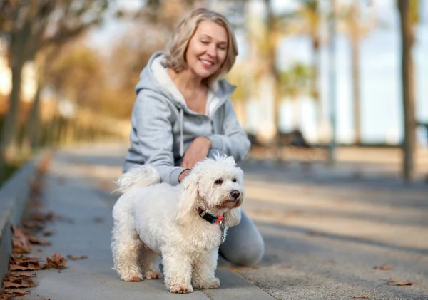 Ältere Frau mit Hund im Freien. Fokus auf den Hund. — Stockfoto