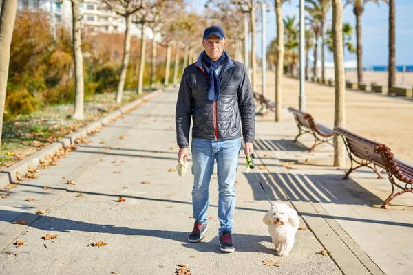 Mann weiß kleiner Hund Spazierengehen Park — Stockfoto