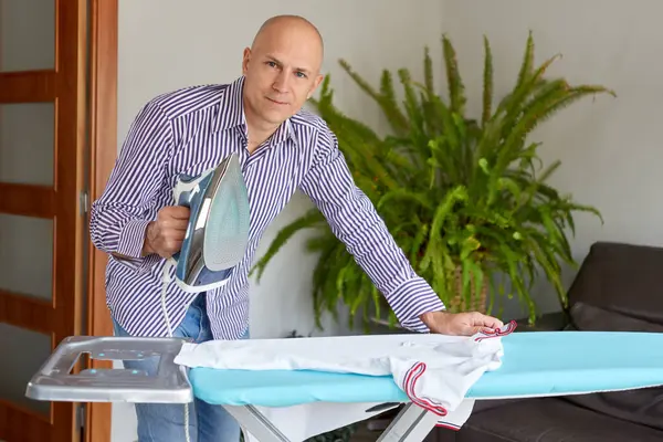 Housework Household Concept Man Ironing Shirt Iron Board Home — Stock Photo, Image