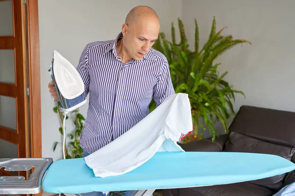 Housework Household Concept Man Ironing Shirt Iron Board Home — Stock Photo, Image