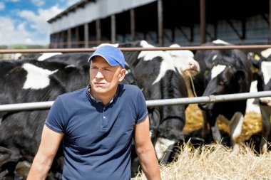 Çiftlikteki ineklerin yanında üzgün bir çiftçinin portresi