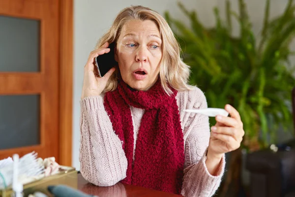 Portrait Troubled Ill Mature Woman Sitting Home Calling Concept Fever — Stock Photo, Image