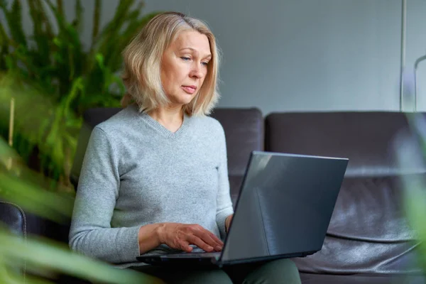 Mulher em um sofá em casa concentrando-se como ela trabalha em um laptop . — Fotografia de Stock