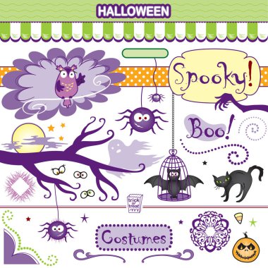 Spooky Halloween koleksiyon vektör sanat yarasa kedi örümcekler baykuş ayarla