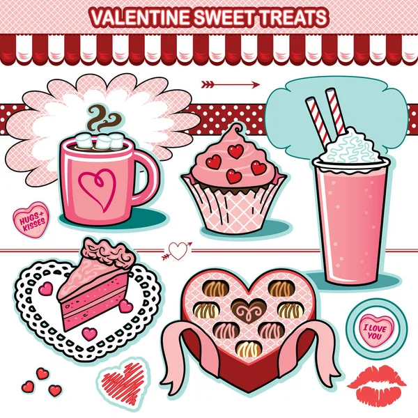 Valentine sweet treats illustration collection chocolates cupcake candy hearts cake — Stock Vector