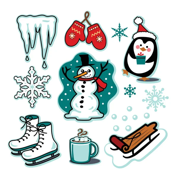 Snowman invierno divertido ilustración conjunto trineo patines de hielo caliente cacao — Archivo Imágenes Vectoriales