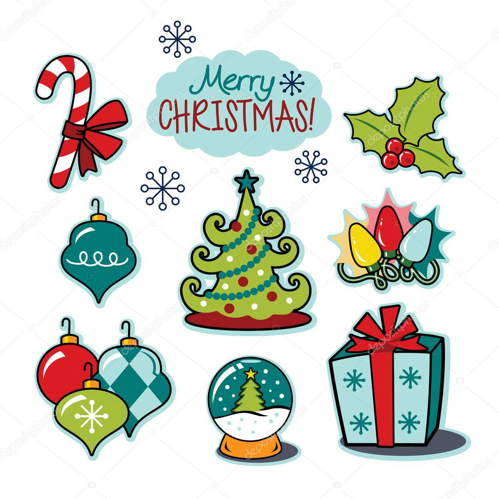 This is a Christmas icon collection featuring a decked out tree with garland, balls, and lights; holly leaves and berries, a candy cane with bow; retro, vintage ornaments, snow globe, festive lights, snowflakes, and wrapped present or gift. This grap