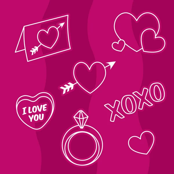 San Valentín amor iconos, corazones, anillo de compromiso, carta de amor — Vector de stock