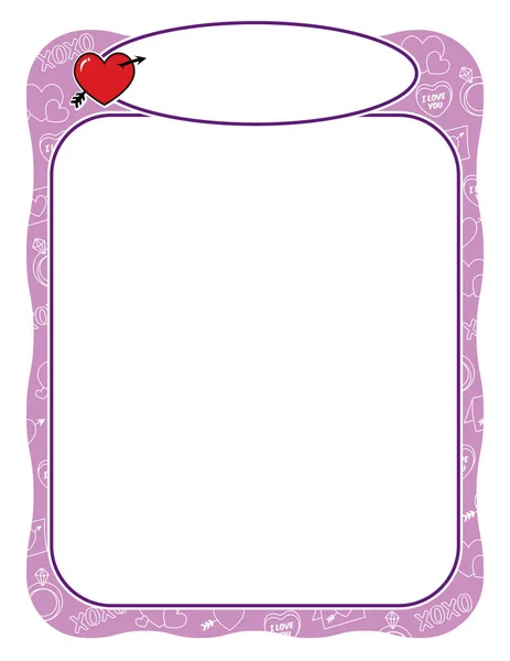 Valentine frame with heart and arrow, purple and wavy border — Stock Vector