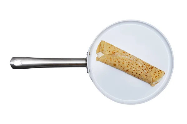 Pannenkoek op de koekenpan geïsoleerd op de witte — Stockfoto