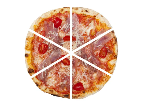 Zes stukken pizza geïsoleerd op witte achtergrond — Stockfoto