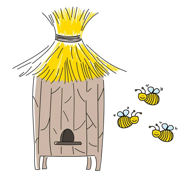 Bienenstock Und Drei Lustige Bienen Als Vektorillustration — Stockvektor