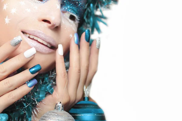 Christmas winter blue white manicure . — Stock Photo, Image