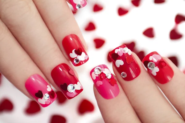 Nail designs with hearts. — Stock Photo, Image