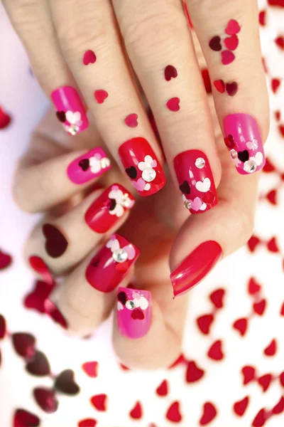 Nail designs with  hearts. — Stock Photo, Image