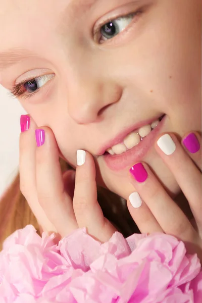 Pink white children's manicure. — Stock Photo, Image