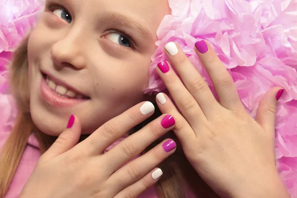 Pink white children's manicure . — Stock Photo, Image