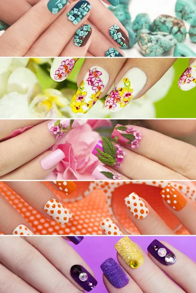 Collection of trendy colorful various manicure.