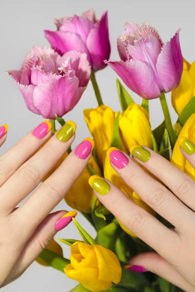 Yellow green French manicure. — Stock Photo, Image