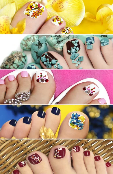 Collage van kleurrijke pedicure met ontwerp op nagels closeup. — Stockfoto