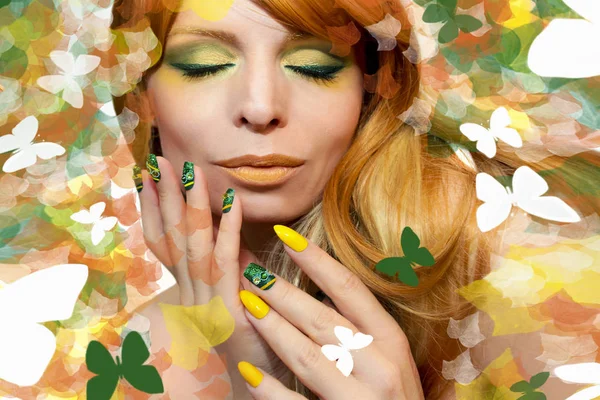 Maquillaje amarillo verde y manicura  . —  Fotos de Stock