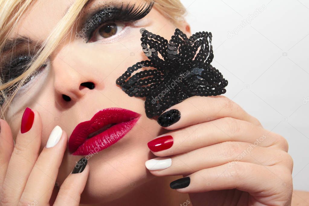 Mixed colors shiny black,red,white fashionable manicure.