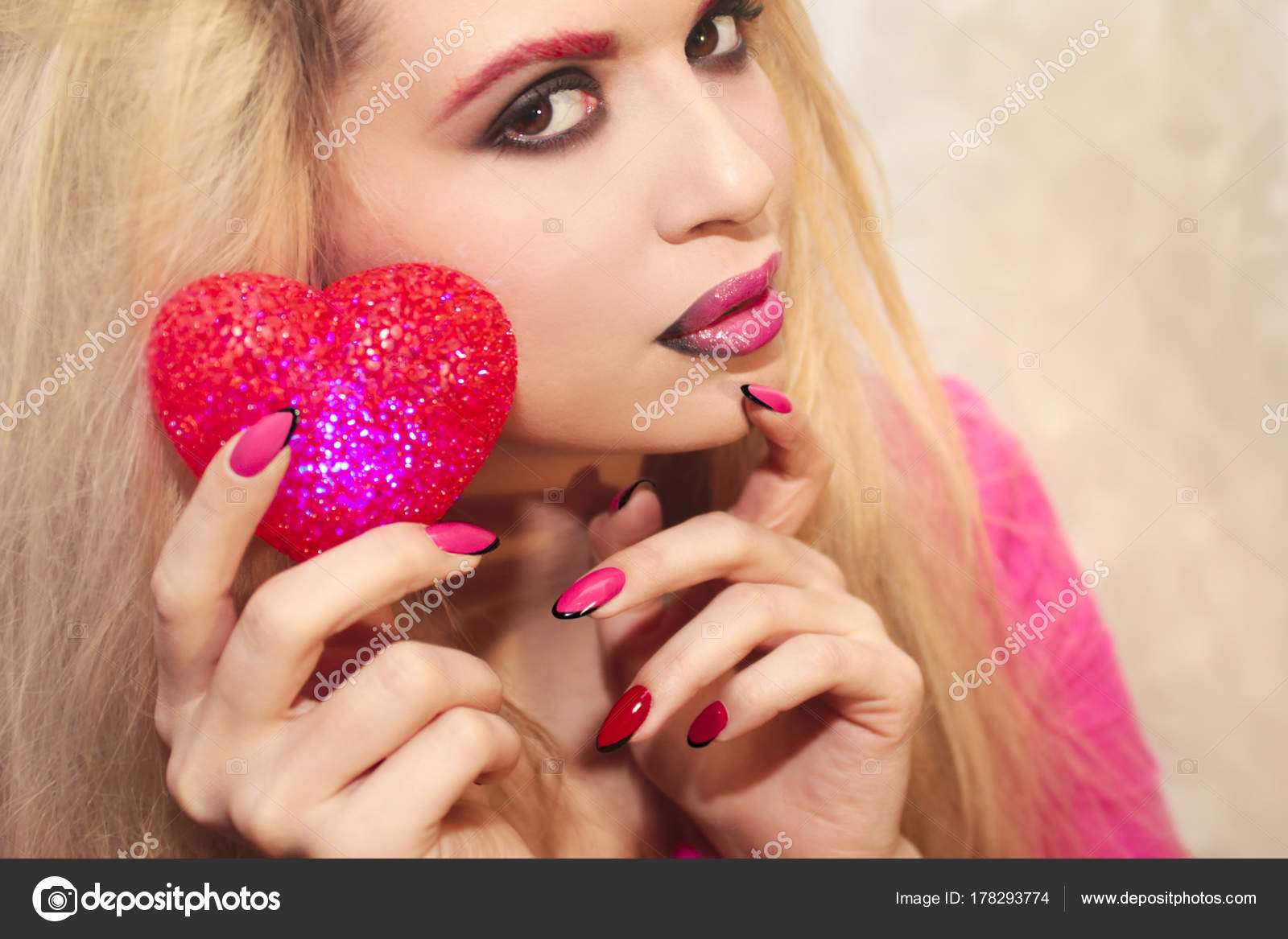 Young Beautiful Girl Blond Hair Holding Heart Symbol Red Color
