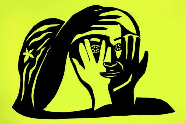 İş yeşilden oyulmuş ve siyah kağıt, elele, yüzündeki korku, anılar, trajediler, mysli, devlet kız portresi yakın çekim deneyimleri. Sanat kesim.