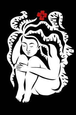 Çalışma uzun kalın saç ve kafasında kırmızı bir çiçek ile uyuyan güzel bir genç kız gösteriyor siyah ve beyaz kağıt kesilir. Sanat kesim.